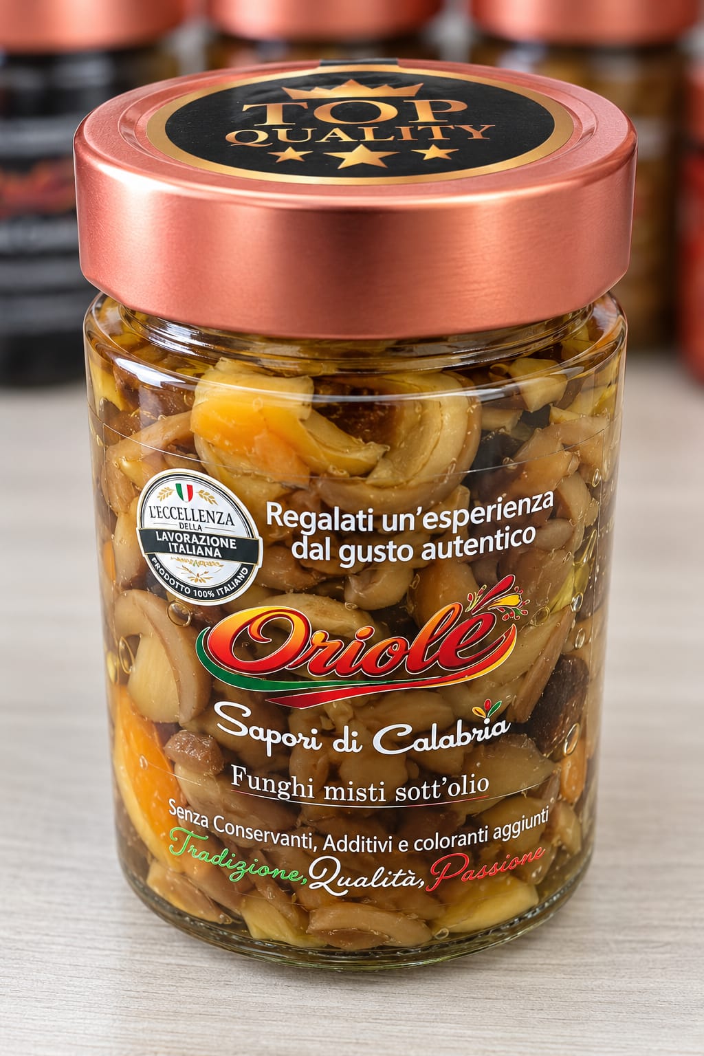 Close-up product photograph of a glass jar containing sliced mushrooms and vegetables, centered on a light tabletop with blurred jars behind it under bright lighting.