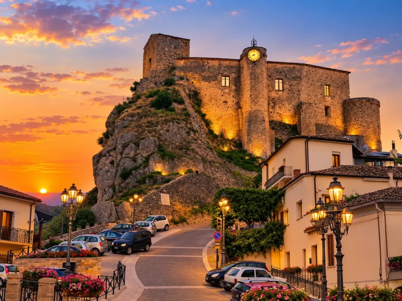 Wide outdoor photograph of a stone castle above a small town street, parked cars and buildings in the foreground, illuminated by streetlights at sunset.